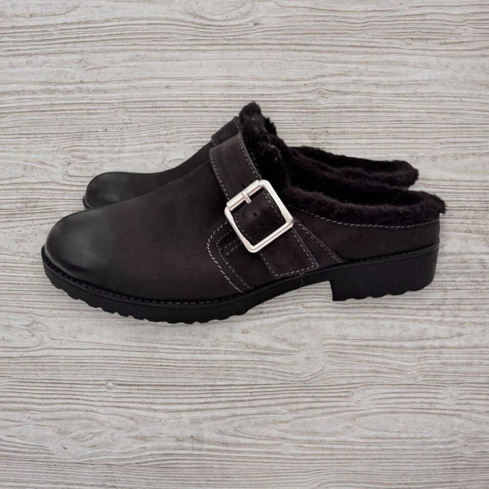 New NATURALIZER Black Leather Slip On Faux Fur Comfort Mules Clogs Womens 8 Wide